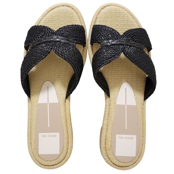 Dolce Vita Women Atomic Flat Slide Sandals Size US 6.5 Black / Natural Raffia - Picture 4 of 5